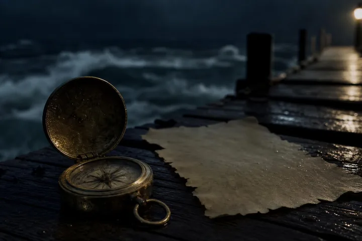 Acqua scura e approdo notturno in una scena fluviale inquietante