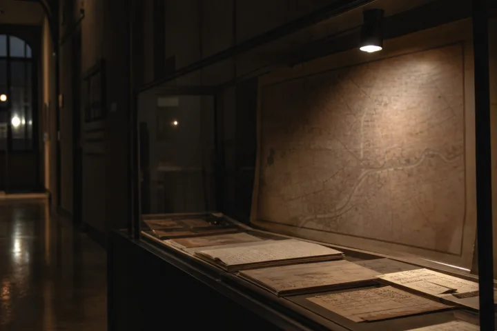 Archivio museale notturno con documenti e mappa d'epoca di Sarajevo illuminati da una lampada