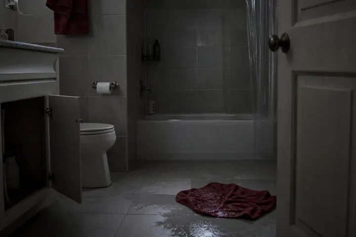 Bagno vuoto e inquietante in una casa adottiva immersa in luce scura