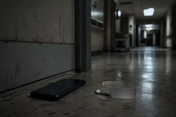 Telefono spento vicino a una porta d’ospedale buia, con una fascetta clinica sul pavimento