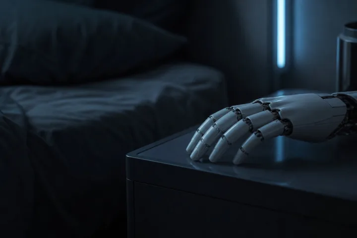 Camera fredda con mano artificiale su un comodino e luce blu notturna