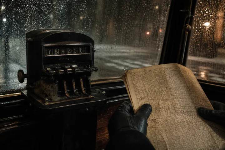 Interno notturno di un taxi con tassametro antico e mappa bagnata di Sarajevo