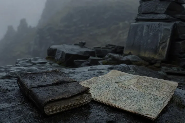 Taccuino e mappa vicino a un memoriale di montagna, immagine interna per il racconto sul Vajont