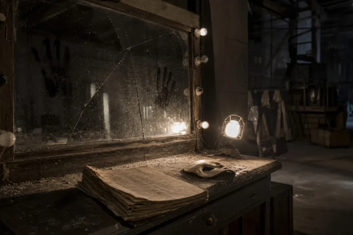 Specchio da camerino con impronte nere e copione abbandonato