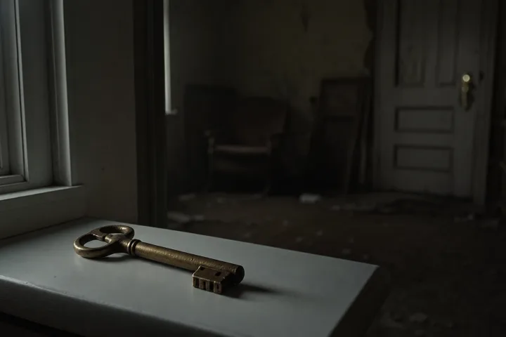 Chiave antica su un davanzale dentro una stanza buia e abbandonata
