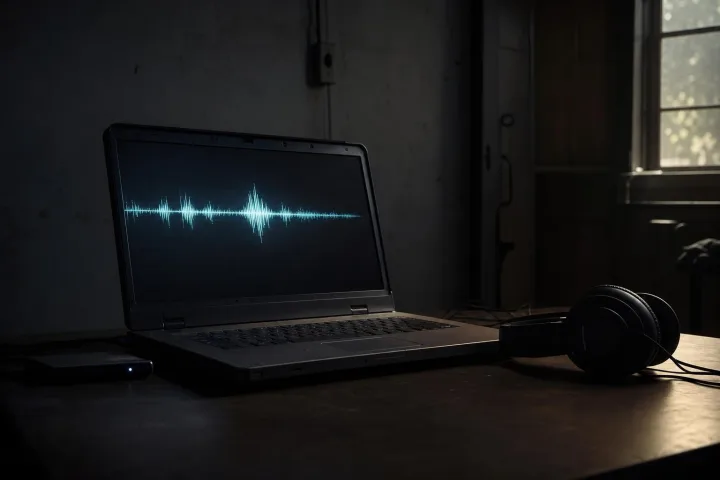 Schermo scuro con una traccia audio aperta in una stanza vuota