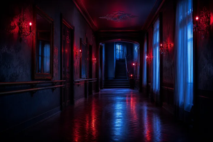 Corridoio gotico con luci rosse e blu per recensione di Suspiria