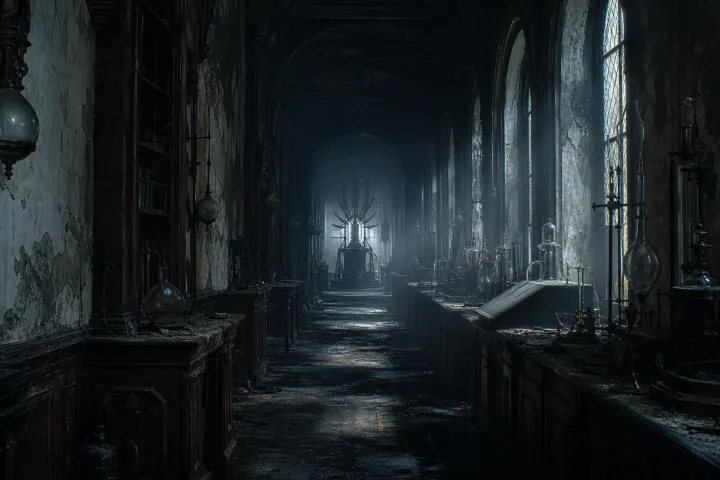 Corridoio oscuro di un laboratorio abbandonato in una dimora gotica, con macchinari in ombra e luce fredda.