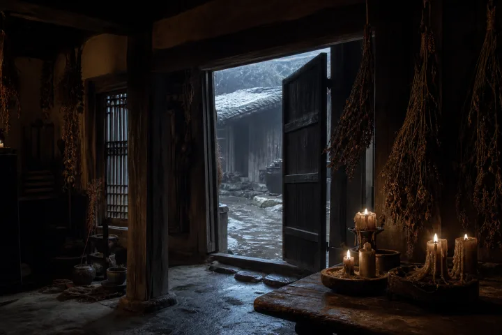 Casa rurale coreana all’alba con candele consumate ed erbe appese, atmosfera rituale di The Wailing