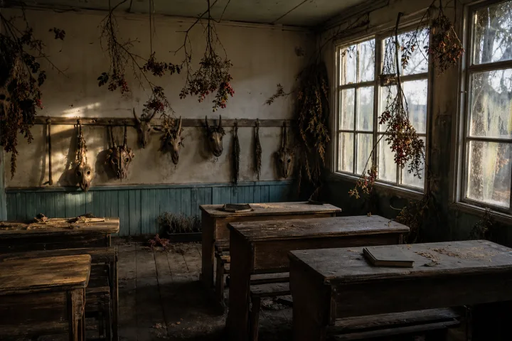 Aula abbandonata con maschere e rami secchi, evocazione del folklore scolastico di Summerisle