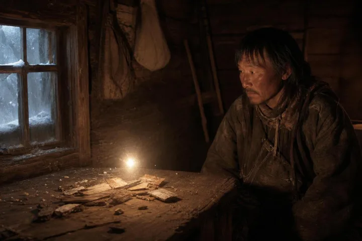 Interno di una capanna siberiana illuminata da un bagliore anomalo durante il ricordo di Tunguska