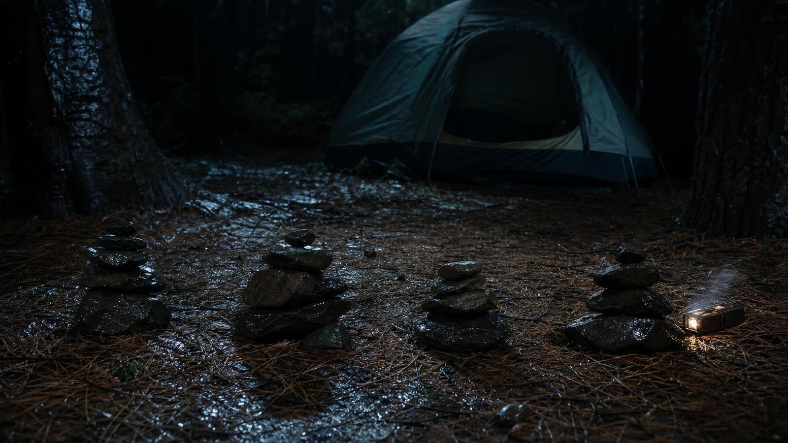 Tre mucchi di pietre davanti alla tenda