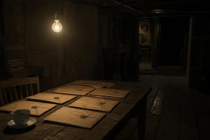 Tavolo d'archivio in penombra con buste sigillate e una tazza incrinata