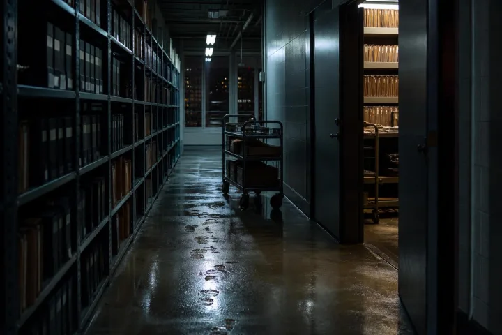 Corridoio d'archivio vuoto con impronte bagnate davanti alla sala dei registri