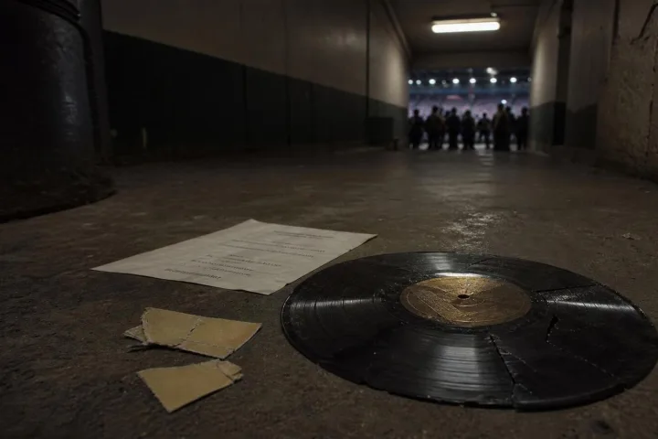 Biglietto consumato e disco incrinato in un corridoio vuoto dello stadio