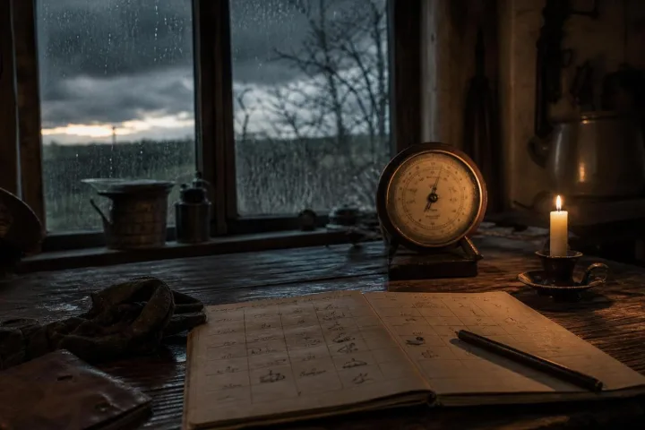 Calendario rurale, barometro e finestra rigata dalla pioggia in una cucina buia
