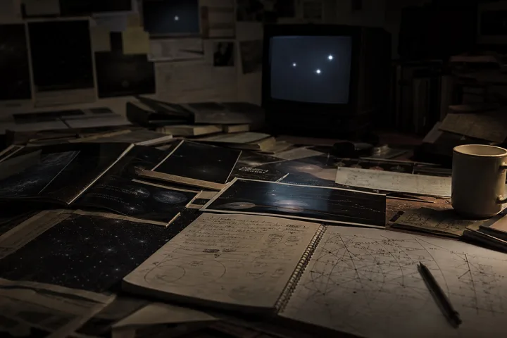 Tavolo d’archivio in penombra con mappe stellari, appunti astronomici e monitor acceso