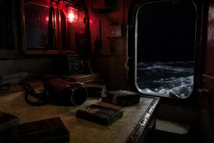 Cabina notturna di una barca con videocamera, carte nautiche bagnate e luce rossa di emergenza