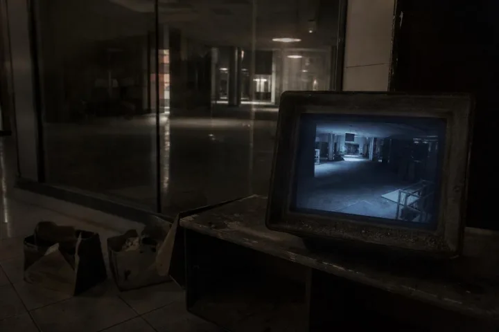 Monitor di sorveglianza spento in un grande magazzino abbandonato, con buste e corridoi vuoti sullo sfondo