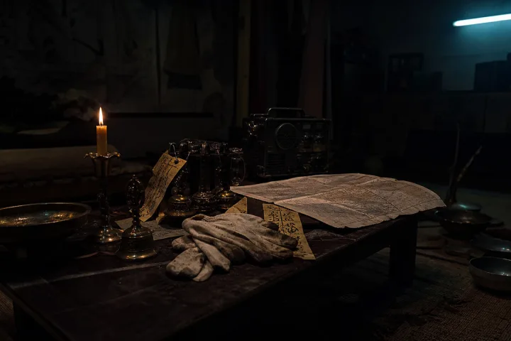 Stanza rituale notturna con campanelli sciamanici, guanti sporchi di terra, talismani e una vecchia radio militare