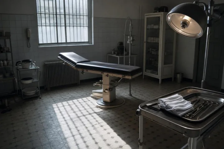Strumenti chirurgici e garza bianca su un vassoio in una clinica notturna