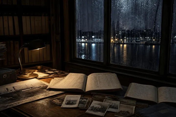 Tavolo d'archivio con liste passeggeri e fotografie macchiate d'acqua davanti a una finestra sul fiume