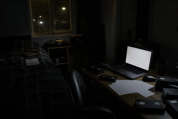 Una stanza buia illuminata da un computer e da vecchi nastri, simbolo del paratesto digitale del found footage