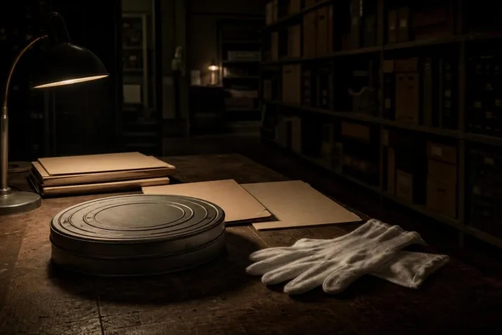 Archivio in penombra con cartelle senza scritte e una lampada accesa