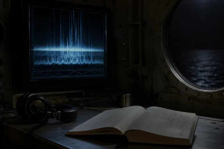 Console sonar illuminata nella sala acustica di una nave di ricerca notturna