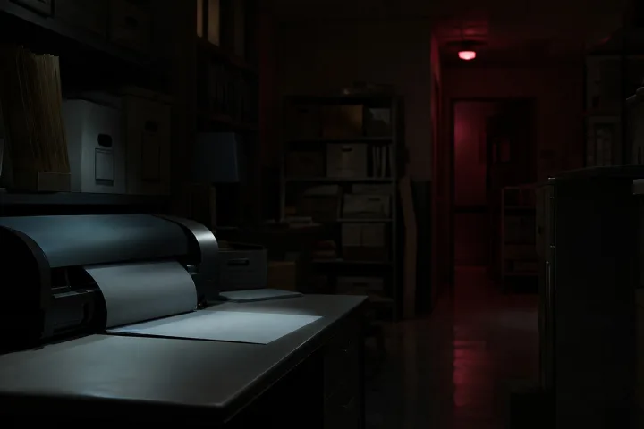 Ufficio archivi comunali vuoto di notte con stampante e fascicoli sotto una luce rossa