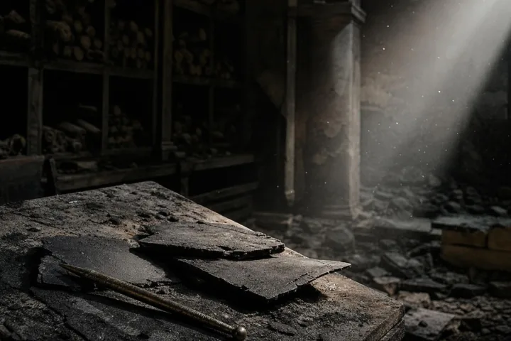 Tavolette cerate bruciate e stilo di bronzo su un tavolo di pietra dopo l'incendio