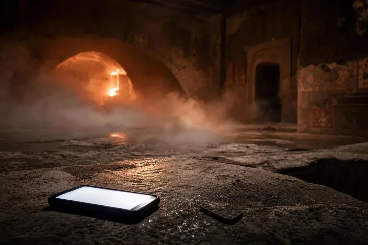 Telefono abbandonato su pietra antica con cenere e fumo dentro la Domus Aurea