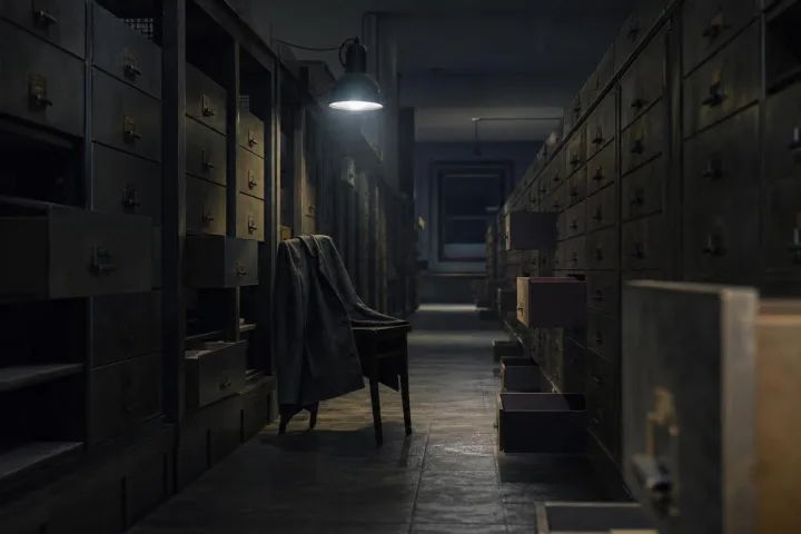 Corridoio d'archivio deserto con cassetti numerati aperti e una sedia vuota