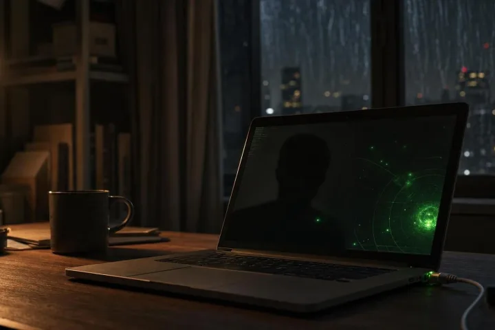 Scrivania notturna con computer acceso su blip radar verdi e una sagoma riflessa nello schermo