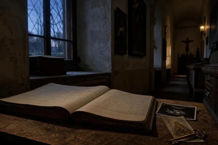 Archivio di convento con registro medico aperto e chiave di ottone in penombra