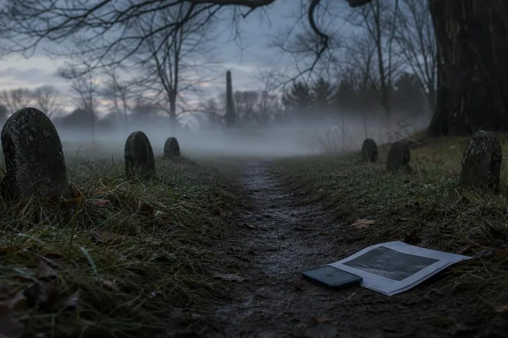 Sentiero di cimitero nel New England con pietre consumate dalla pioggia e un telefono abbandonato nell’erba