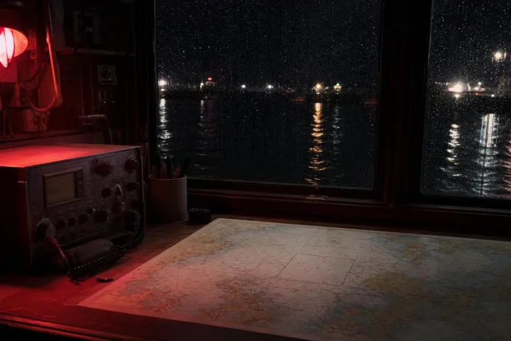 Radio marina accesa in una sala di controllo portuale durante una notte di pioggia