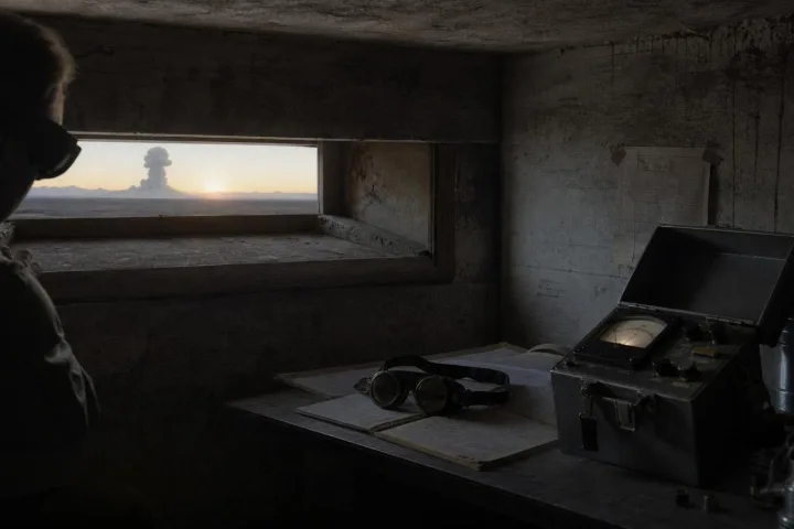 Bunker di osservazione nel deserto dopo il test Trinity, con occhiali scuri e strumenti su un tavolo metallico.