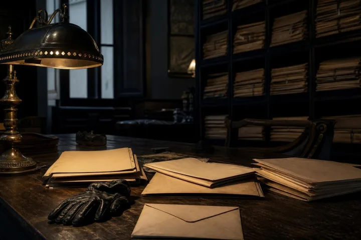 Tavolo d'archivio in penombra con fascicoli d'epoca, guanti neri e una lampada accesa
