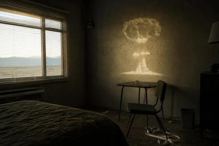 Stanza di motel nel deserto con luce pallida e una forma di fungo atomico riflessa sulla parete