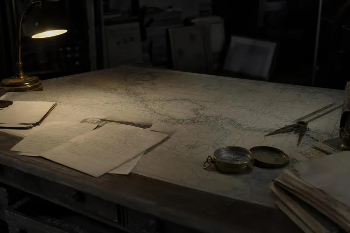 Tavolo d’archivio con carte nautiche, telegrammi e una bussola sotto una lampada fioca
