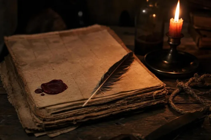 Registro coloniale, piuma e sigillo su un tavolo illuminato da una candela