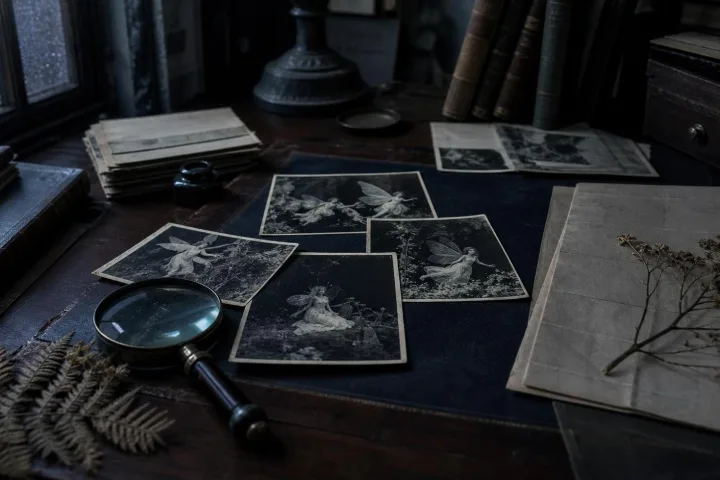 Archivio in penombra con fotografie di fate, lente d’ingrandimento e vecchi ritagli