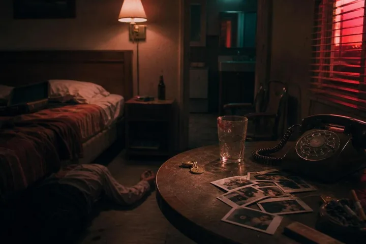 Stanza di motel notturna con telefono, fotografie istantanee e chiave in luce rossa