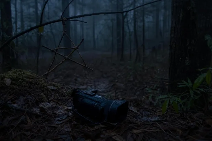 Una videocamera abbandonata tra foglie bagnate in un bosco del Maryland