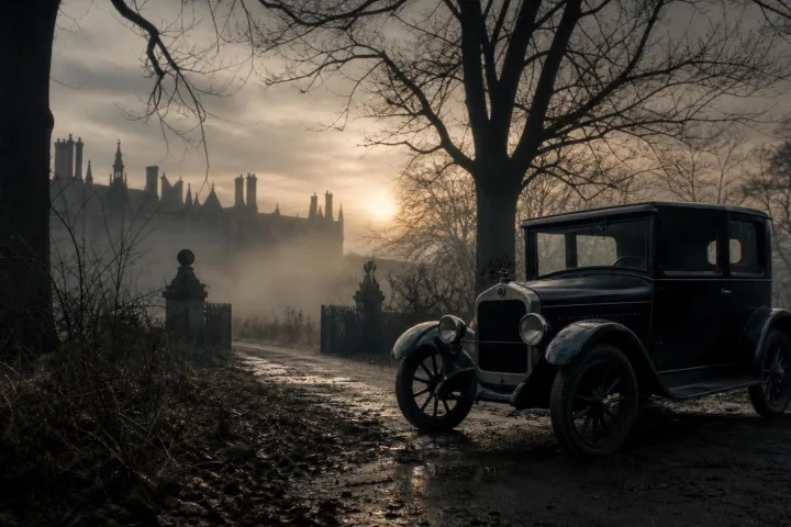 Strada di campagna inglese all'alba con automobile nera ferma tra alberi spogli