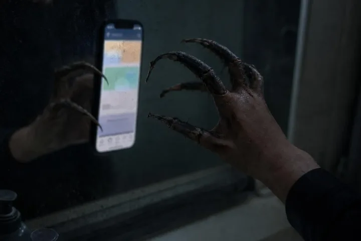 Bagno buio con specchio appannato e una mano deformata vicino a un telefono
