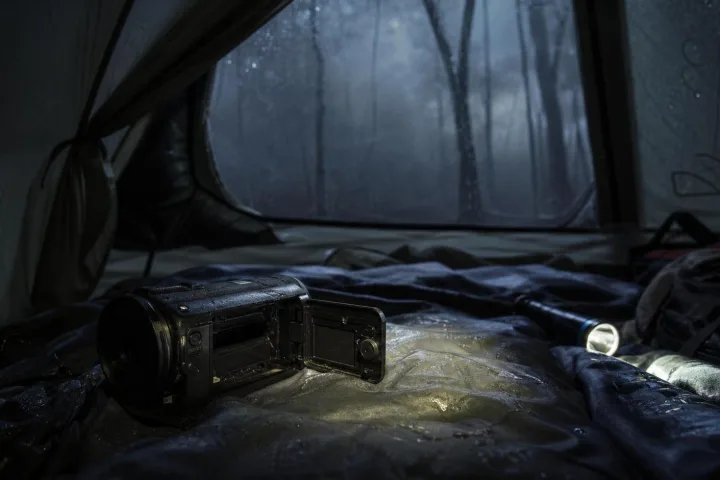 Videocamera aperta dentro una tenda buia con il vano batteria vuoto