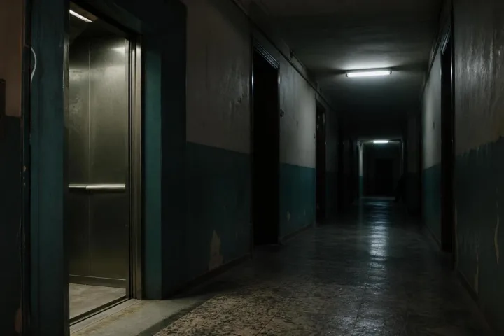 Corridoio condominiale notturno con ascensore aperto e luce fredda, eco visiva della minaccia in Watcher
