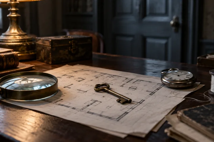 Archivio buio con chiave, planimetria e prove disposte su un tavolo.